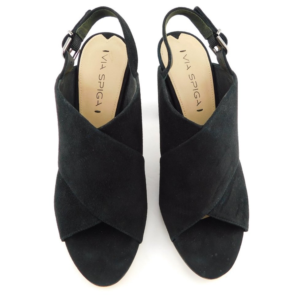 VIA SPIGA Black Suede Leather Cross Over Open Toe Sling Back Block Heels 8.5